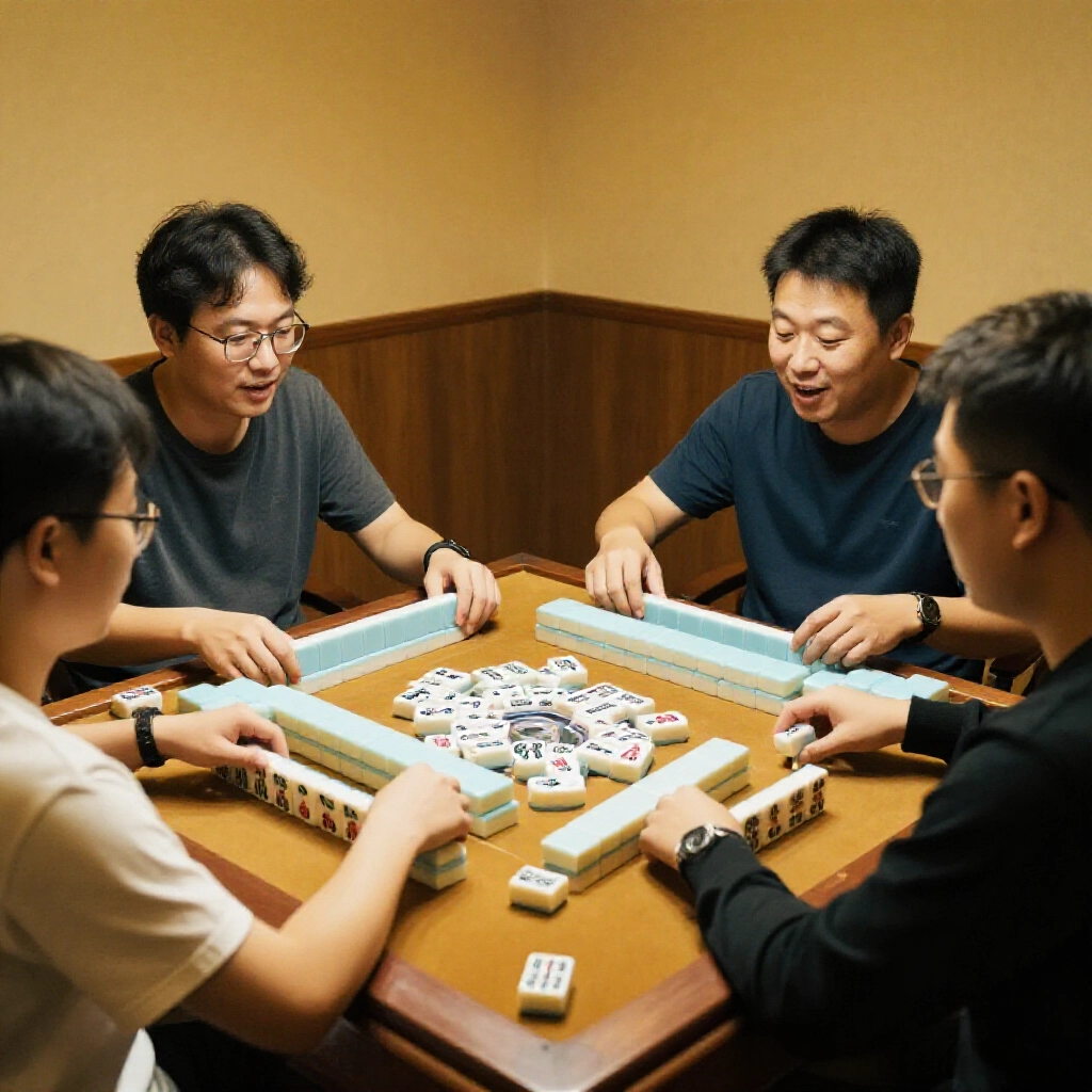 four players at a southern Taiwan mahjong table, dealing 16-tile hands without flower cards, focusing on pure sequences and triplets amid fast-paced action and excited gestures under warm lighting
