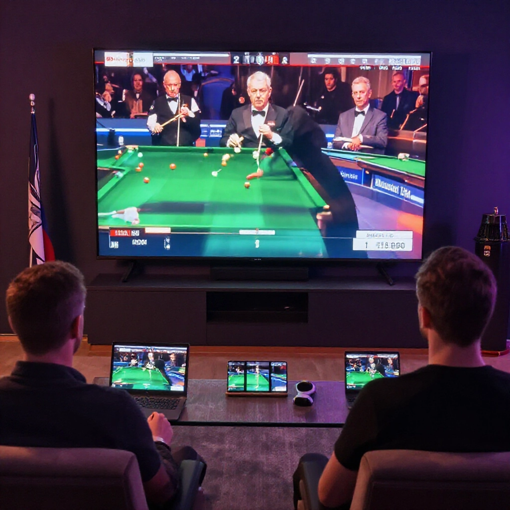 modern viewers streaming snooker matches on laptops smartphones and smart TVs displaying live scores multiangle replays immersive digital experience