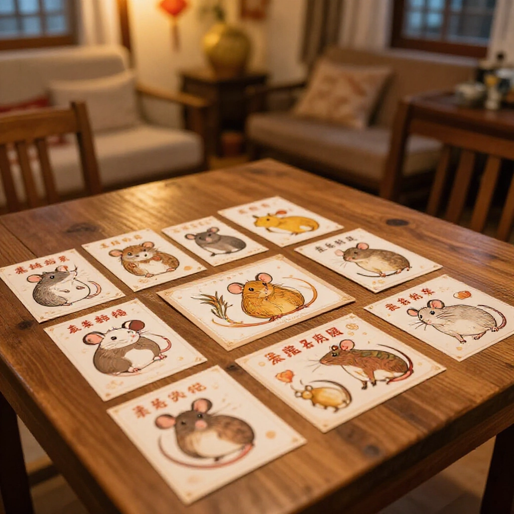 Traditional Taiwanese rat zodiac cards featuring twelve animal symbols laid out on a rustic wooden table in a warmly lit family living room with soft evening glow and subtle festive decorations