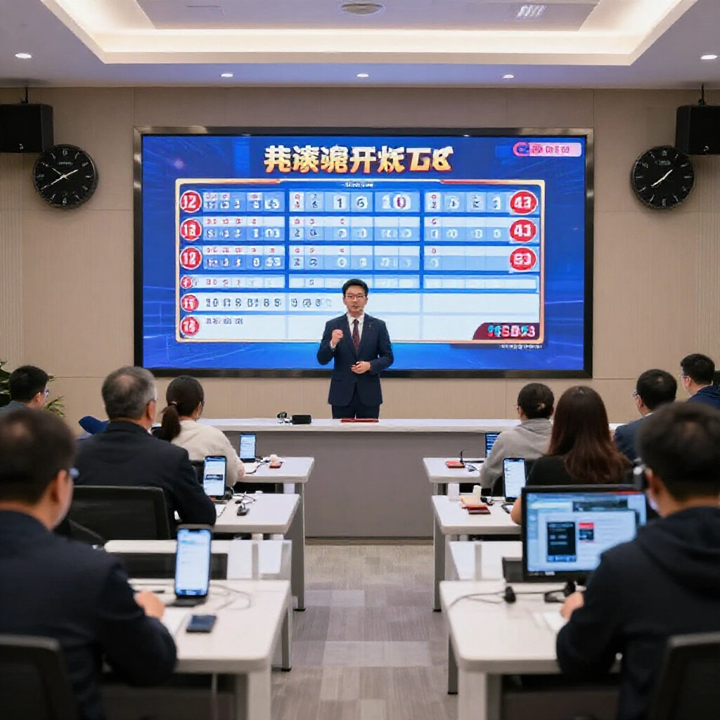 樂透直播間,主播宣布中獎號,大螢幕秀數字,桌上放時區鐘和手機App