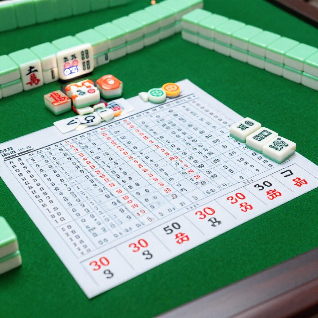 close-up of a mahjong scoring board showing 30 base and 10 per fan calculation, with self-draw 3 fan example totaling 330 payout on green felt under soft lamp light