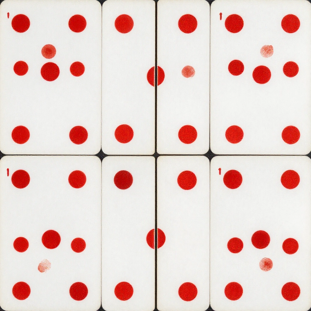 Closeup of Heilizai tiles distinguishing symmetric civil suits red dots heaven earth man cards from asymmetric military suits scattered points detailed bone textures