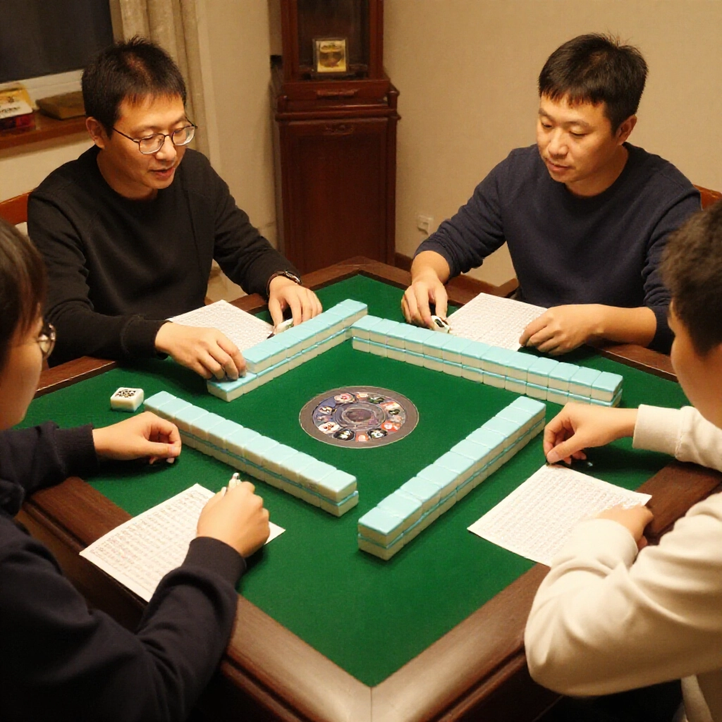 four players at a traditional Taiwanese mahjong table with green felt surface stacks of tiles and score sheets highlighting base points and fan calculations in warm evening light cozy home setting