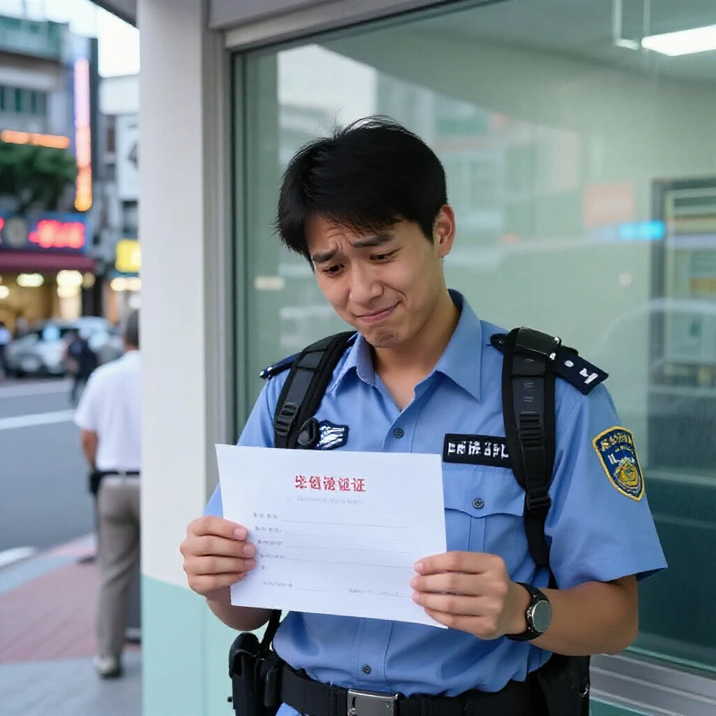 一位擔心的台灣年輕外送員在警局櫥窗前,手拿空白良民證鬆一口氣,背景是都市街景與霓虹燈的柔和晚間光線