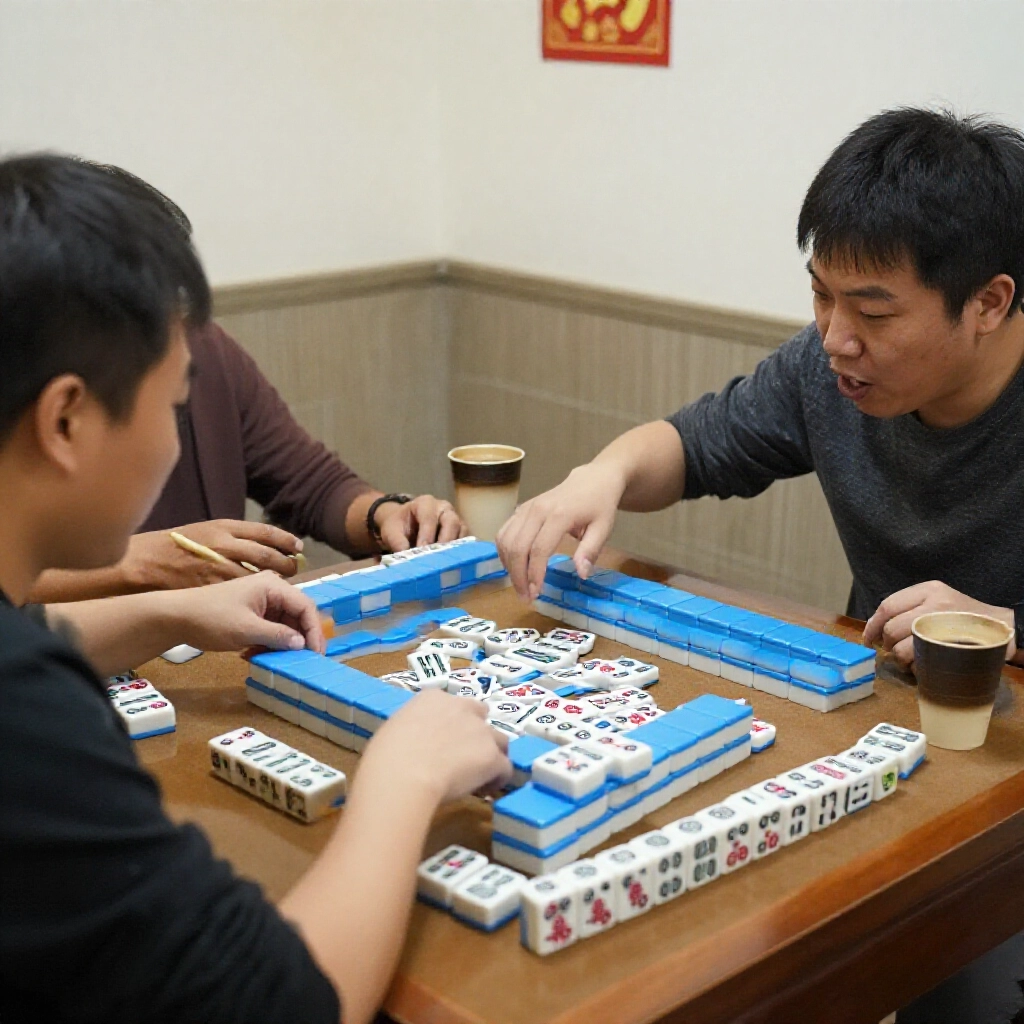 台灣咖啡廳兩人激戰紙牌麻將，34 張牌一門花色加字牌，專注表情咖啡杯旁緊張氛圍