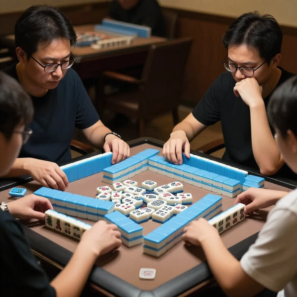 玩家盯著丟出的牌,麻將桌資訊透明,昏黃燈光下表情緊繃,凸顯策略張力