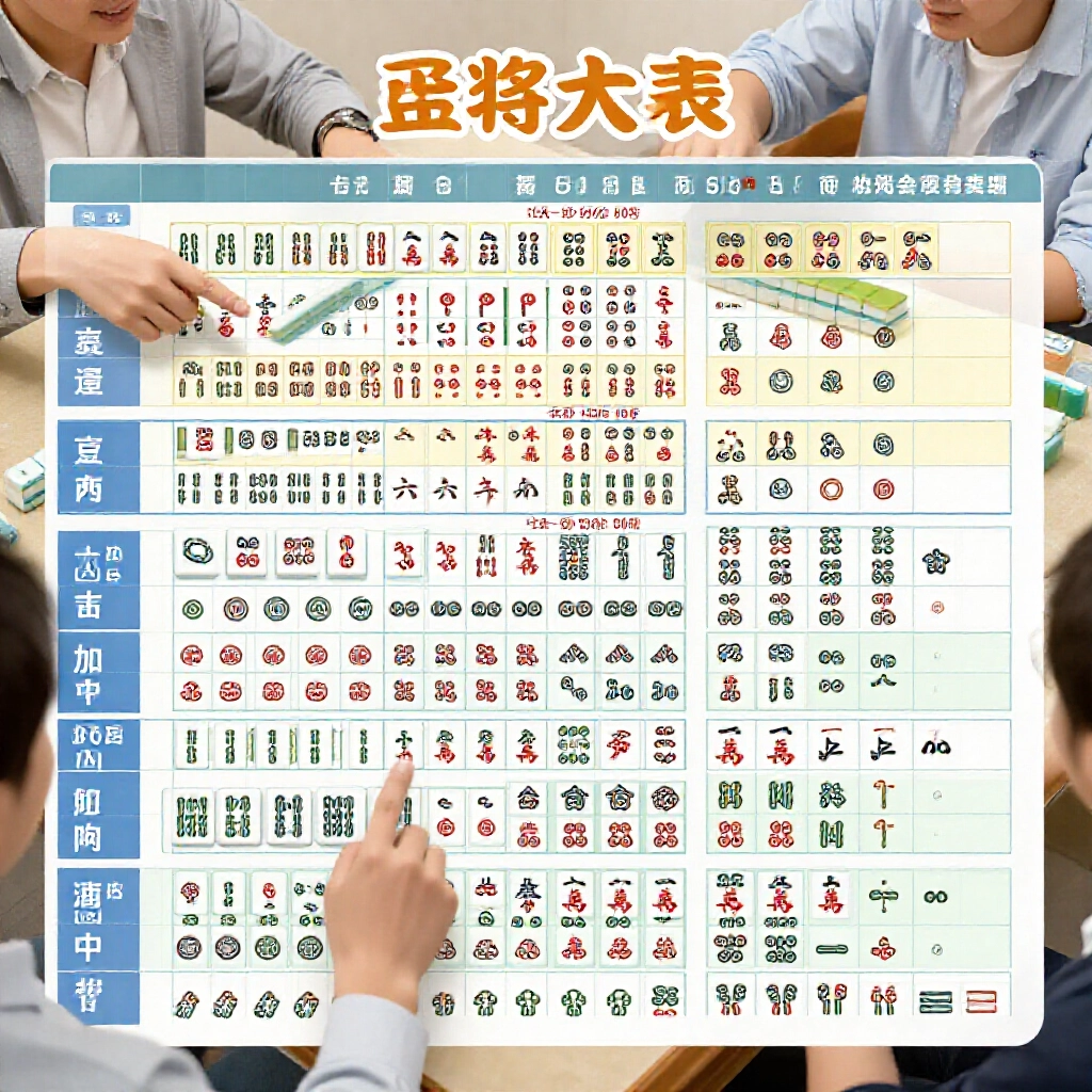 mahjong tai shu reference table listing pong pong hu at 4 fan, clear one color at 8 fan, da si xi at 16 fan with tile icons and players discussing