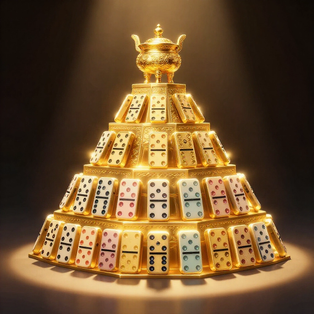 Golden pyramid hierarchy of Heilizai rankings supreme treasure ding three two four at apex descending to mixed nine colorful domino pairs glowing spotlight dramatic shadows
