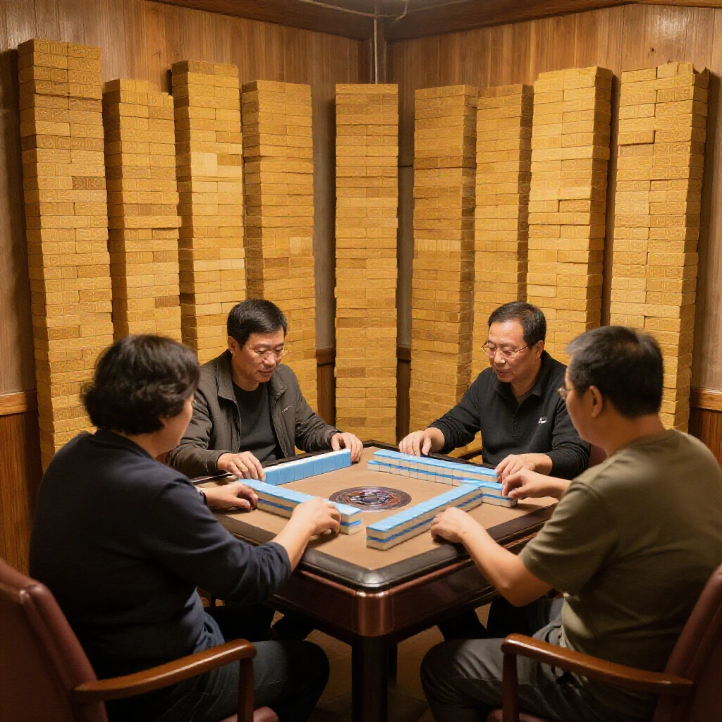 四位玩家圍坐在傳統麻將桌前，每人面前堆起十七墩高聳牌牆，暖色木質調和溫馨燈光，營造家庭聚會氛圍