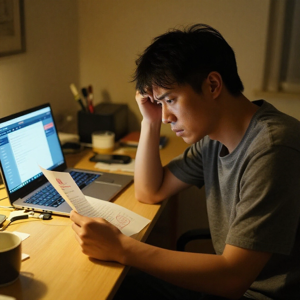 一位二十多歲的台灣男子深夜在家亂七八糟的書桌前，緊張看著蓋紅章的警察傳票，背景筆電螢幕顯示線上投注App，黃光照明營造不安氛圍