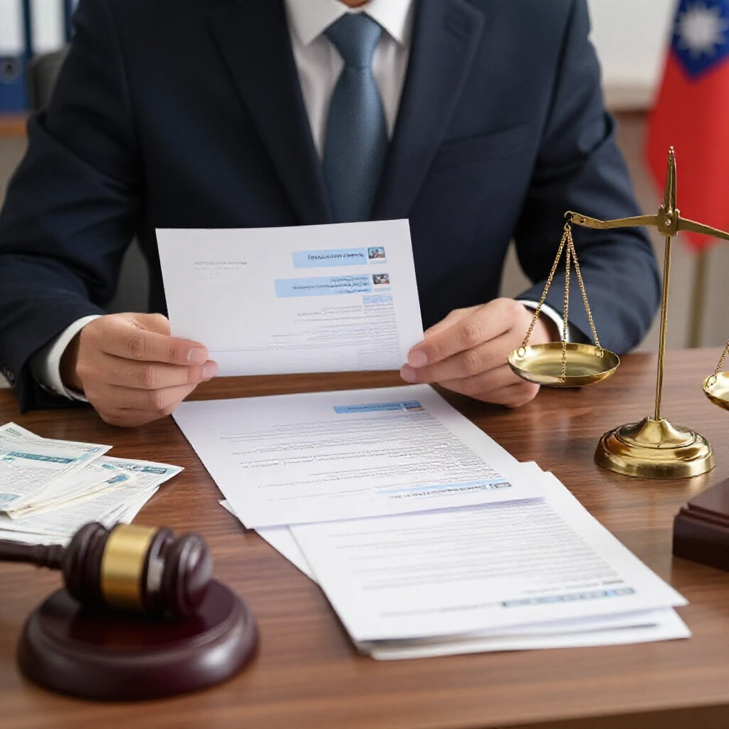 律師在辦公室木桌檢視列印聊天記錄、銀行轉帳單與刑法頁面,旁邊有法槌、天平與台灣國旗,燈光聚焦專業氛圍