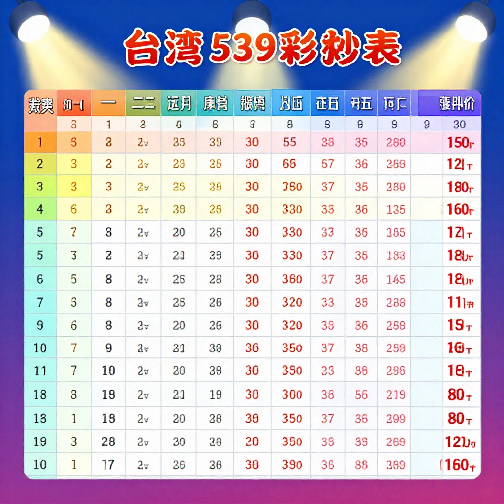 台灣 539 彩票獎項表格,從頭獎到肆獎顯示機率與獎金,在燈光下鮮豔呈現