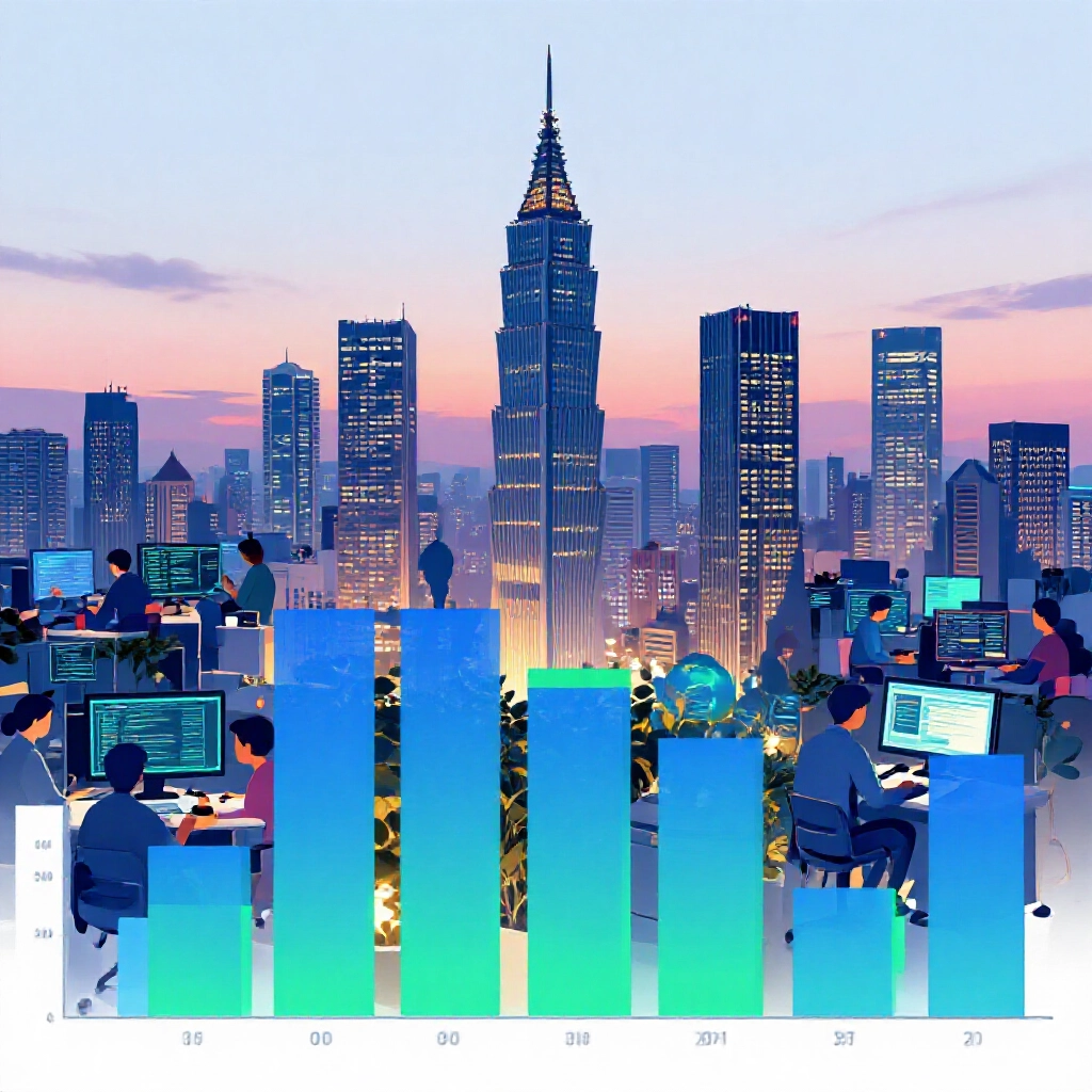 台灣天際線堆疊圖表顯示遊戲公司營收藍綠調,開發者辦公熱鬧,晚間燈光閃耀