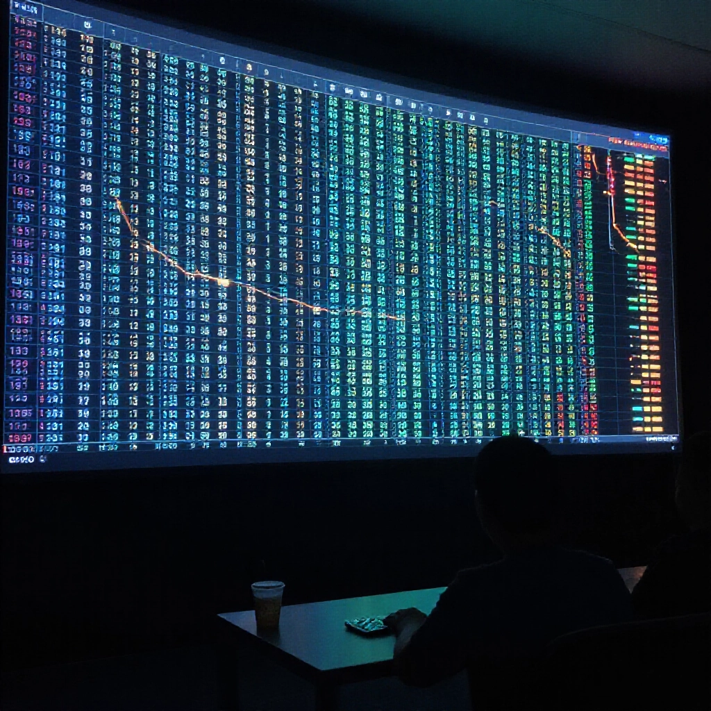 Dynamic visualization of lottery number patterns on a glowing digital chart in a dimly lit analysis room with floating data clusters highlighting frequent number pairs and statistical trends