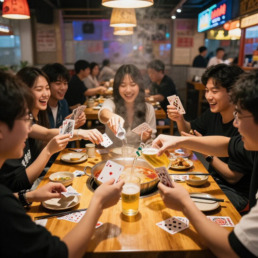 一群年輕朋友在台灣熱炒店木桌邊圍成一圈,翻撲克牌大笑倒啤酒進公杯,周圍霓虹燈閃爍氣氛熱鬧