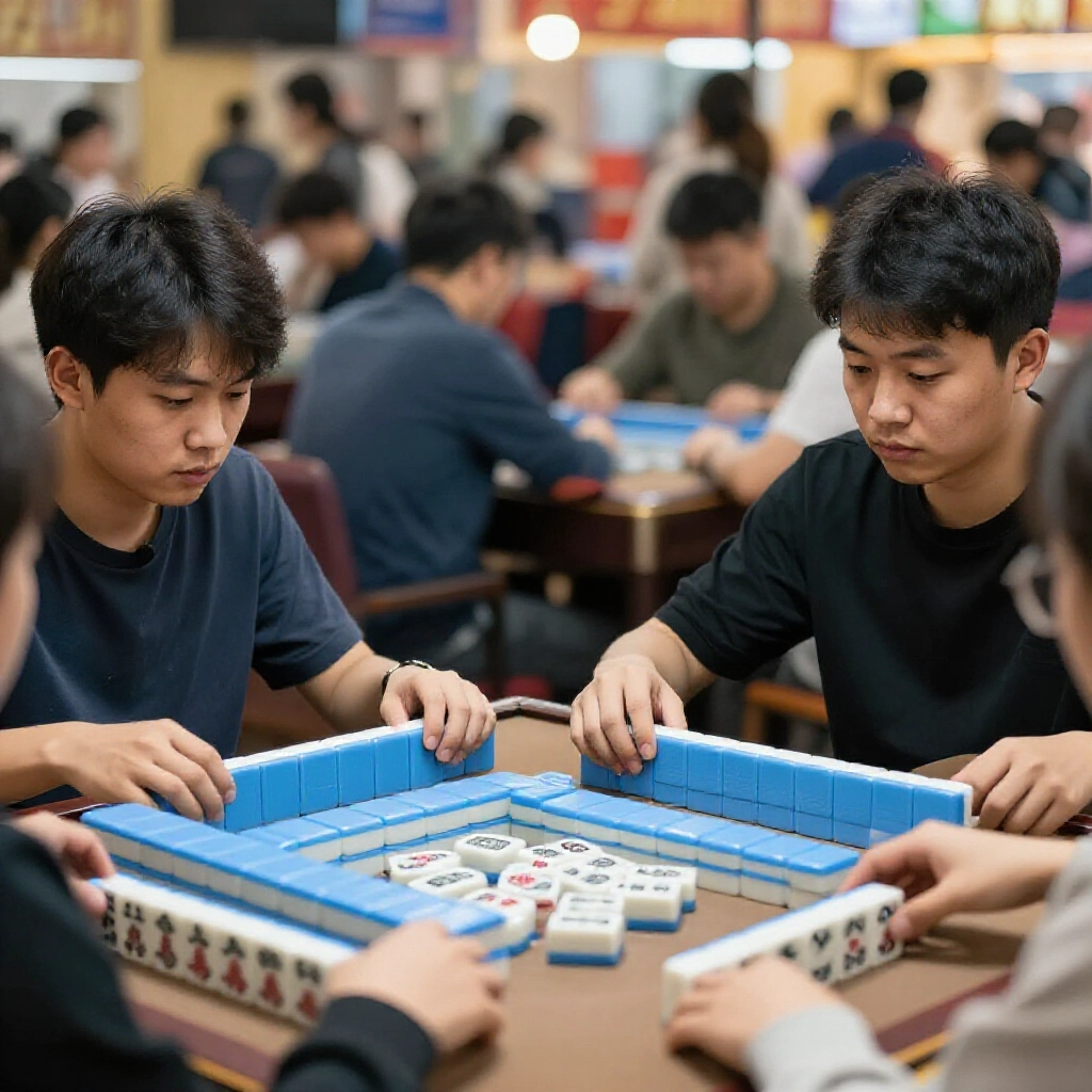 兩人麻將激烈對戰,玩家盯著牌面,一方持多對筒子,對方丟牌,後方排隊增添壓力