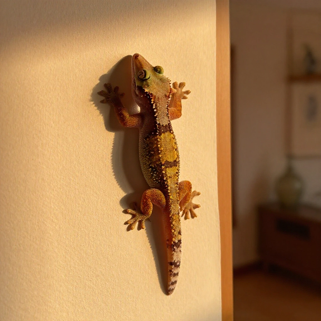 realistic gecko clinging to textured home wall in warm evening light with cozy taiwanese interior evoking guardian spirit and wealth fortune soft golden hues serene atmosphere