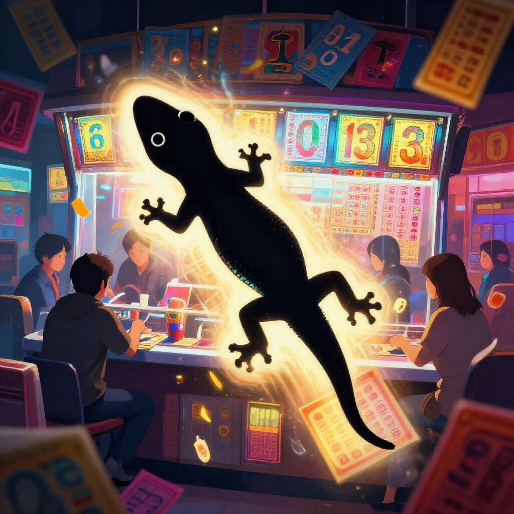 stylized gecko silhouette morphing into numbers 03 13 23 on glowing lottery tickets vibrant colors inside bustling taiwan lottery booth dynamic energy mysterious aura