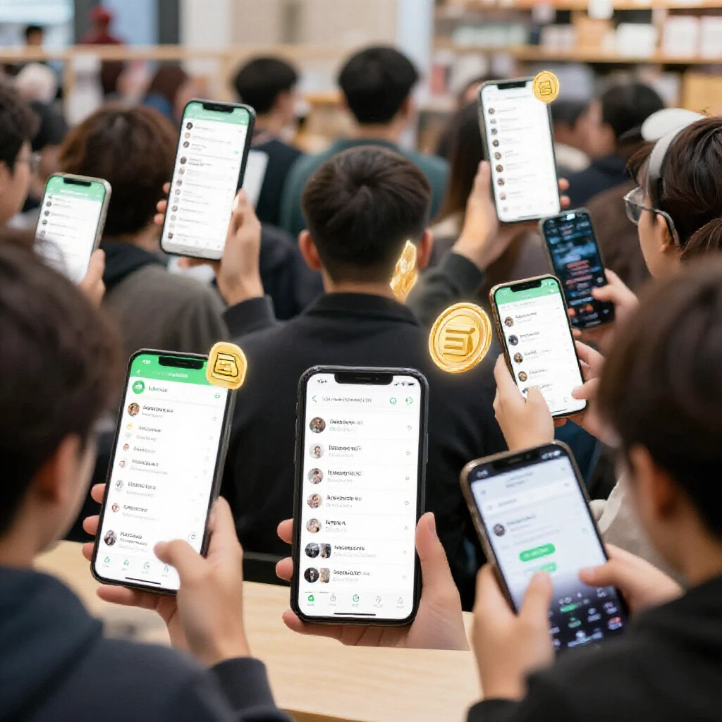 手機上玩家在 LINE 群組和 8591 討論 i 幣交易,周圍飄浮銀行轉帳圖示