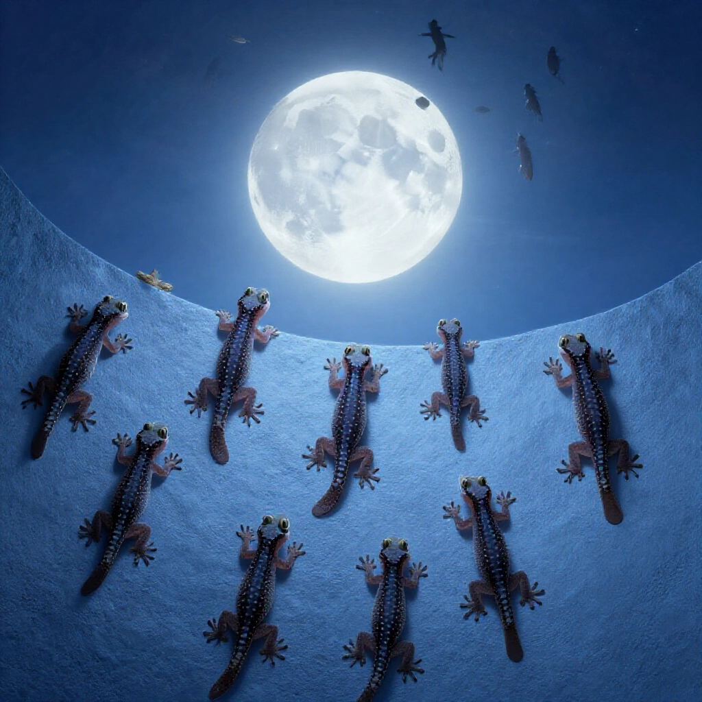 surreal dream scene of geckos crawling walls falling clustering under ethereal moonlight blue tones mystical vibes symbolizing career rise sudden wealth and group prosperity