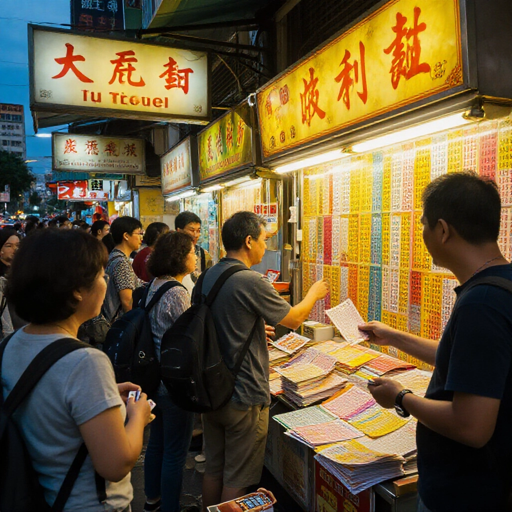 bustling taiwanese lottery booth at dusk with glowing signs for da le tou and wei li cai tickets excited players picking numbers from vibrant displays warm yellow lights reflecting off colorful lottery sheets friendly vendor handing out slips