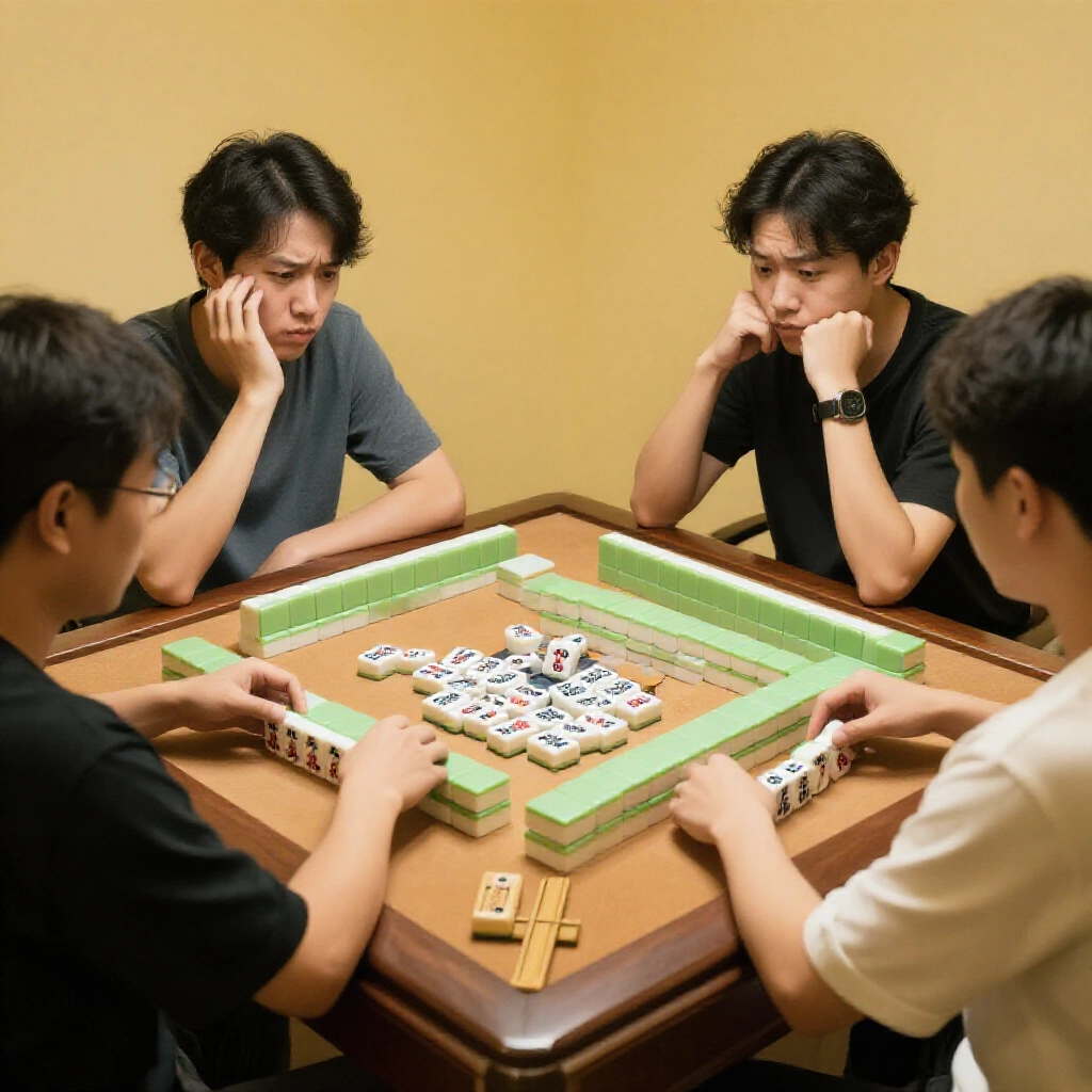 台灣麻將桌前,四位玩家專注盯牌,一人手牌超過十七張還帶副露,看起來一臉困惑,黃暖燈光下木架散落竹牌。