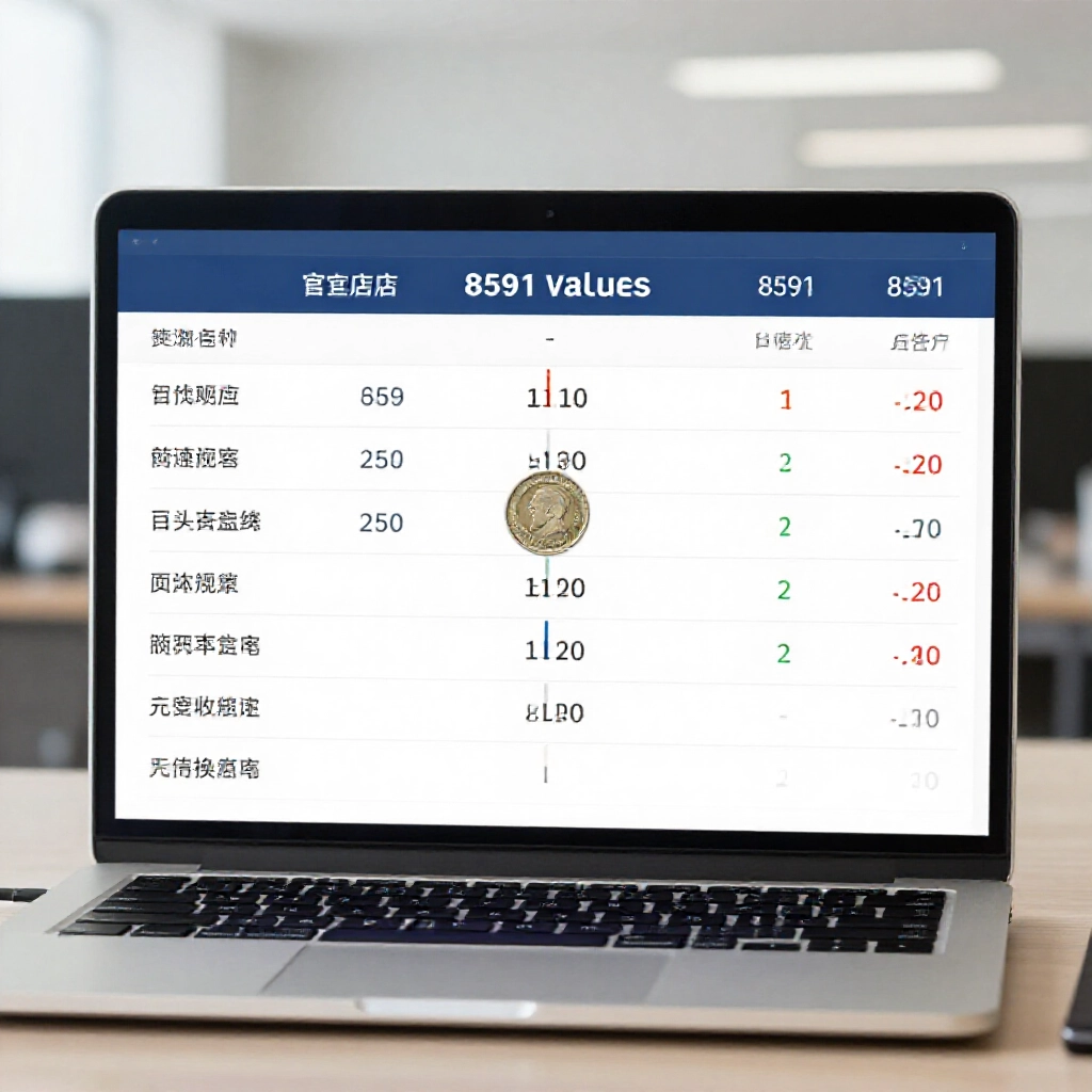 A detailed comparison chart of coin values between official stores and 8591 traders showing rates safety levels and transaction speeds on a laptop screen in a modern office setting