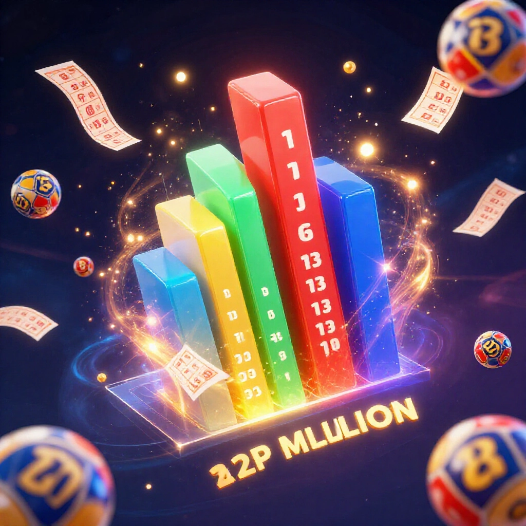 dynamic probability graph exploding with colorful bars comparing head prize odds one in 13 million for lotto versus one in 22 million for super lotto surrounded by floating lottery balls and winning tickets soft glowing particles in dark cosmic background