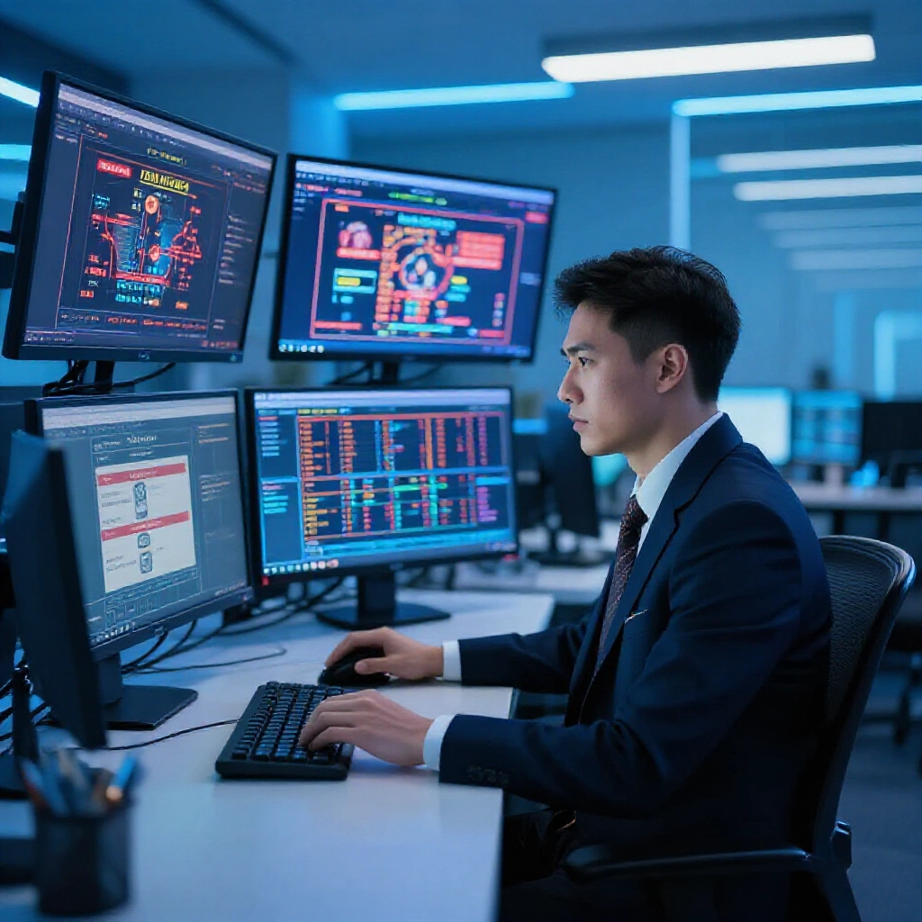 現代辦公室場景,一位西裝筆挺的代理坐在桌前,周圍多台螢幕顯示線上百家樂平台的玩家註冊與流量數據,藍色霓虹燈光營造專業氛圍