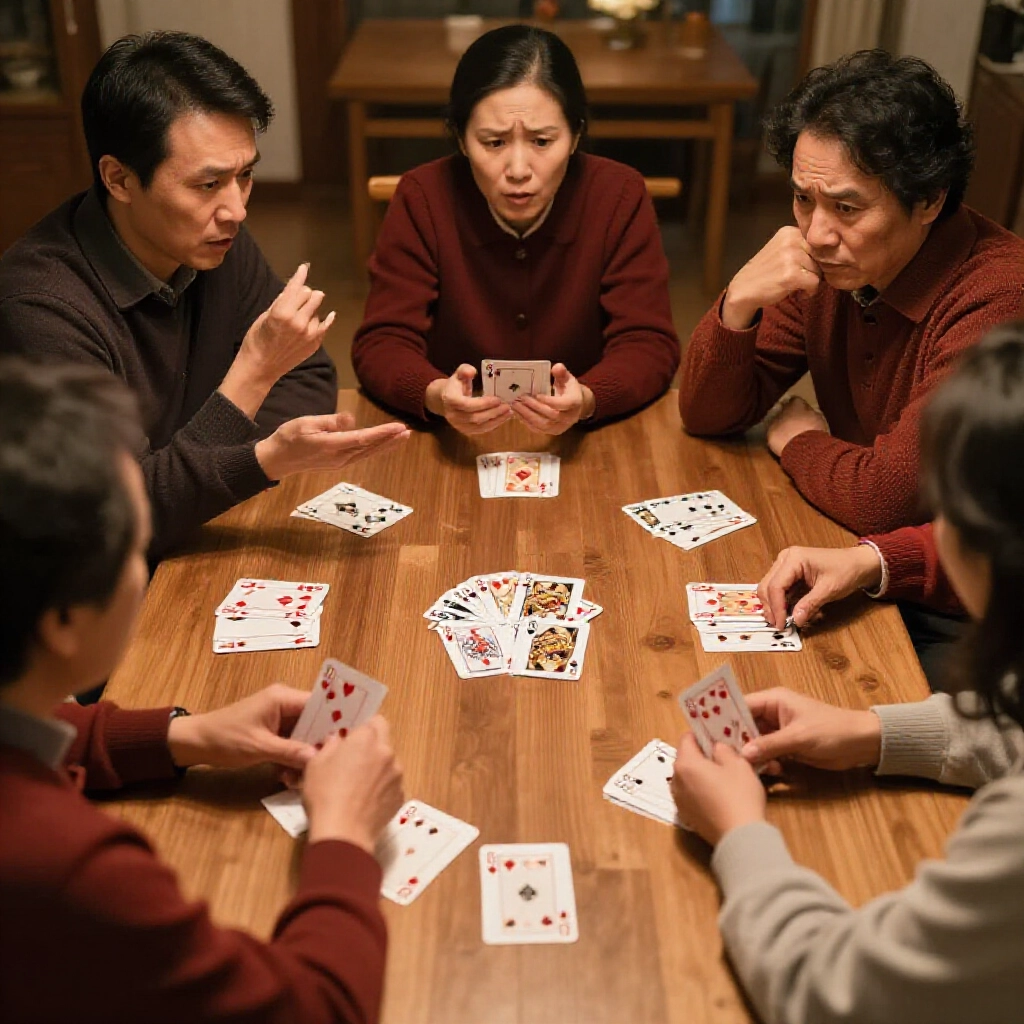 Family gathering during Lunar New Year players arguing over three of a kind versus two pairs cards spread out confused expressions wooden table dim warm lights