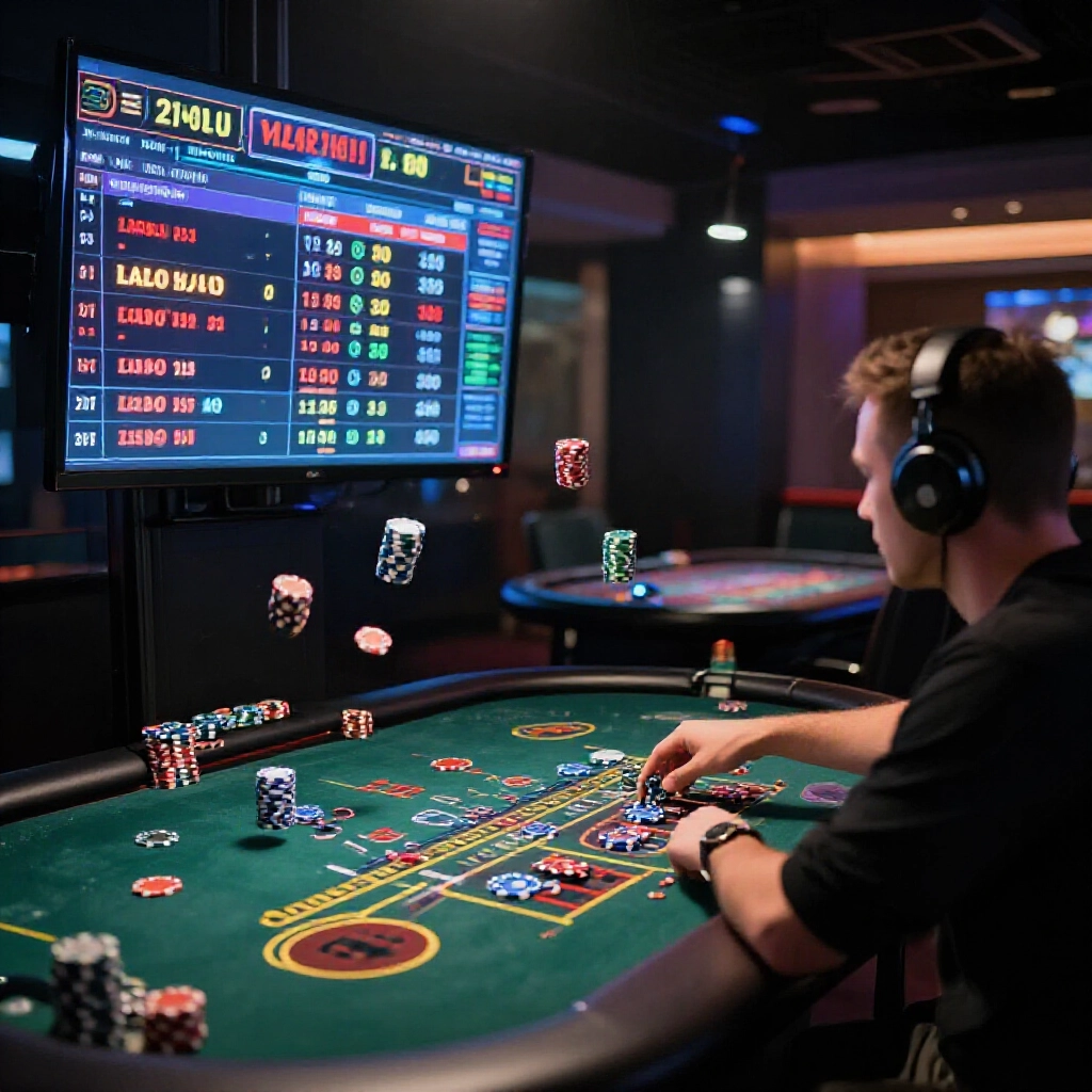 dimly lit online casino room with glowing baccarat table screens displaying rebate calculations and stacks of virtual chips floating around a focused player