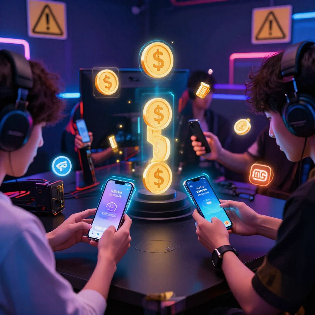 Players comparing official and unofficial recharge options on phones surrounded by virtual currency icons and warning signs in a dimly lit gaming room with neon glows