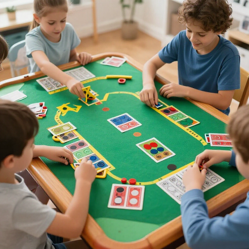 expansive play setup with poker deck transforming from simple color sorting for preschoolers to strategic layouts for older kids on a home table emphasizing brain development and social interaction