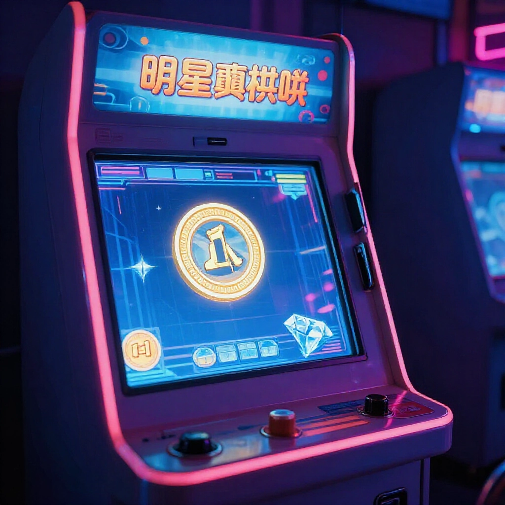 昏暗街機螢幕顯示明星三缺一遊戲介面,i 幣和鑽石閃爍,旁邊鎖住的收銀機符號在霓虹燈下