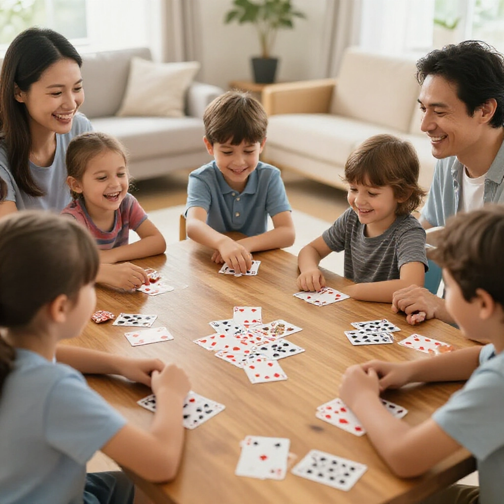 cheerful young children and smiling parents gathered around a wooden table covered with scattered poker cards displaying hearts diamonds clubs spades and numbers in a cozy sunlit living room full of laughter and focused play