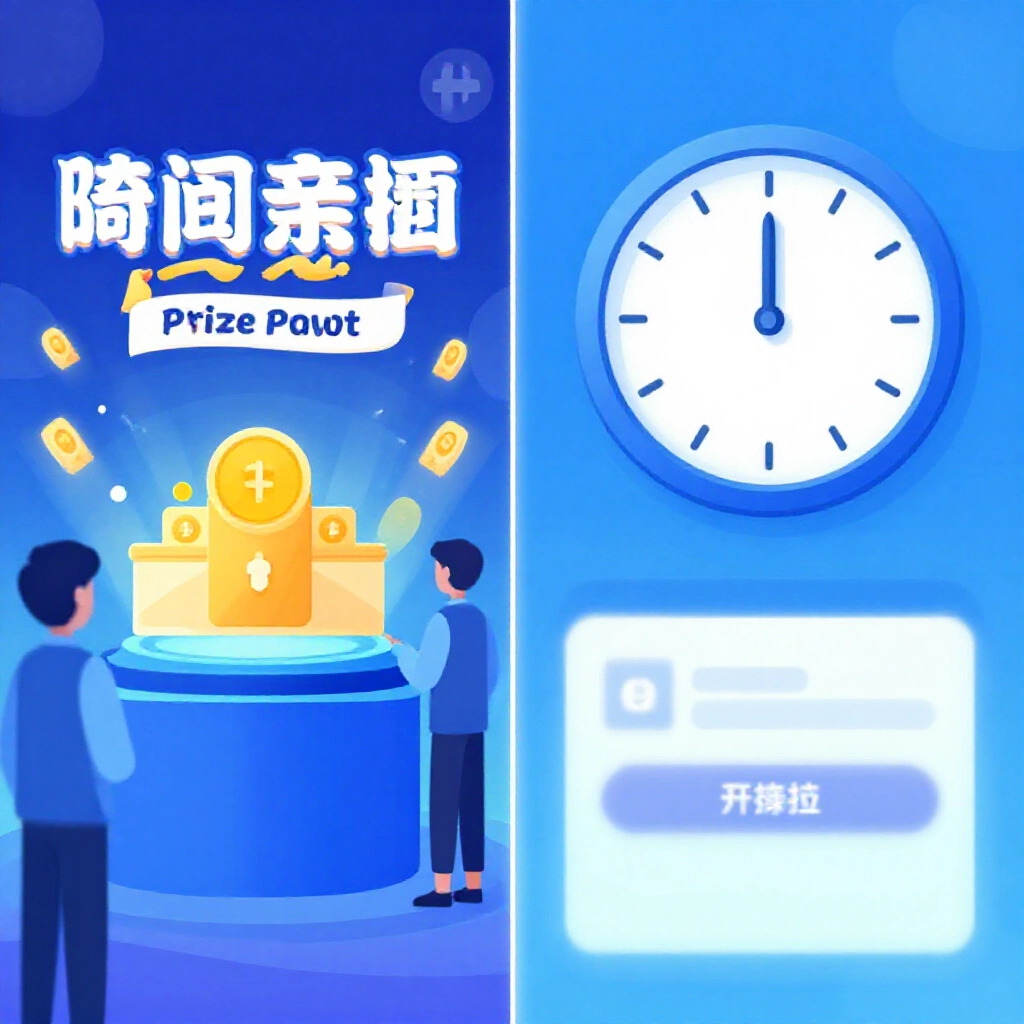 分屏圖示，一邊即時獎金動畫，一邊銀行轉帳等待時鐘，用冷藍色調