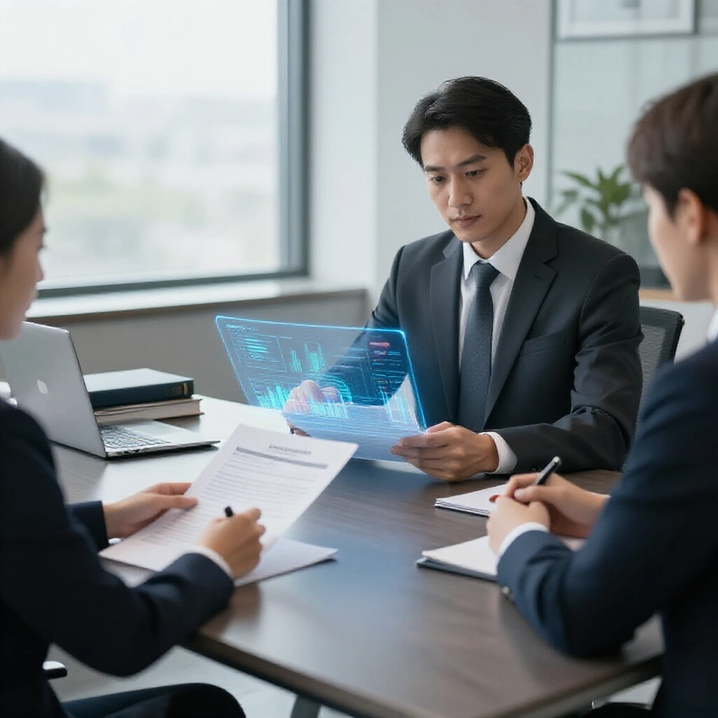 辦公室談判桌專業人士交換股權文件，法律書堆旁全息圖顯示權益轉移，現代空間日光柔和