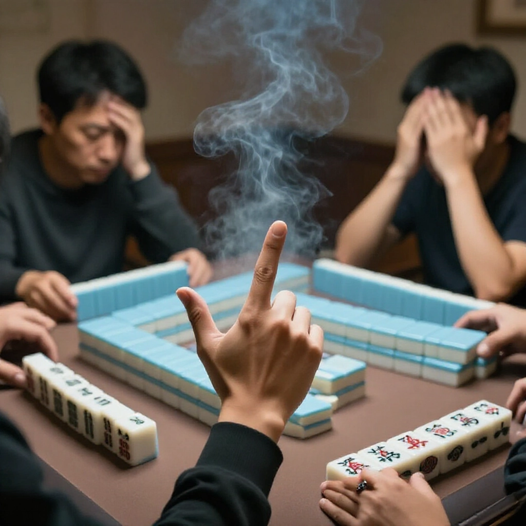 Heated debate among mahjong players one hand forming dark kong gesture others shaking heads dim smoky room traditional tile stacks nearby