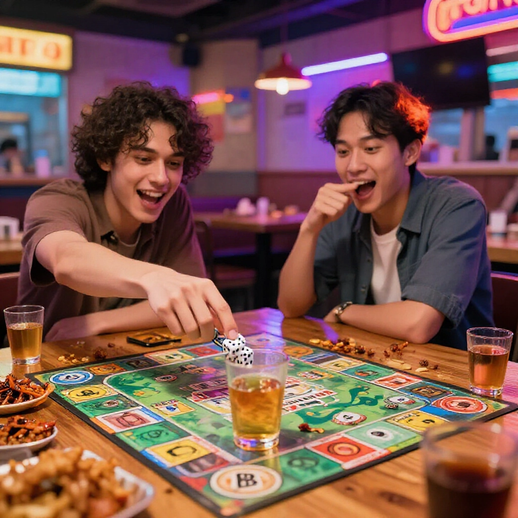 Two friends in hot stir-fry restaurant excitedly rolling dice for Seven Up Eight Down game with public cup filled with diluted liquor snacks scattered around table vibrant neon lights joyful competitive vibe