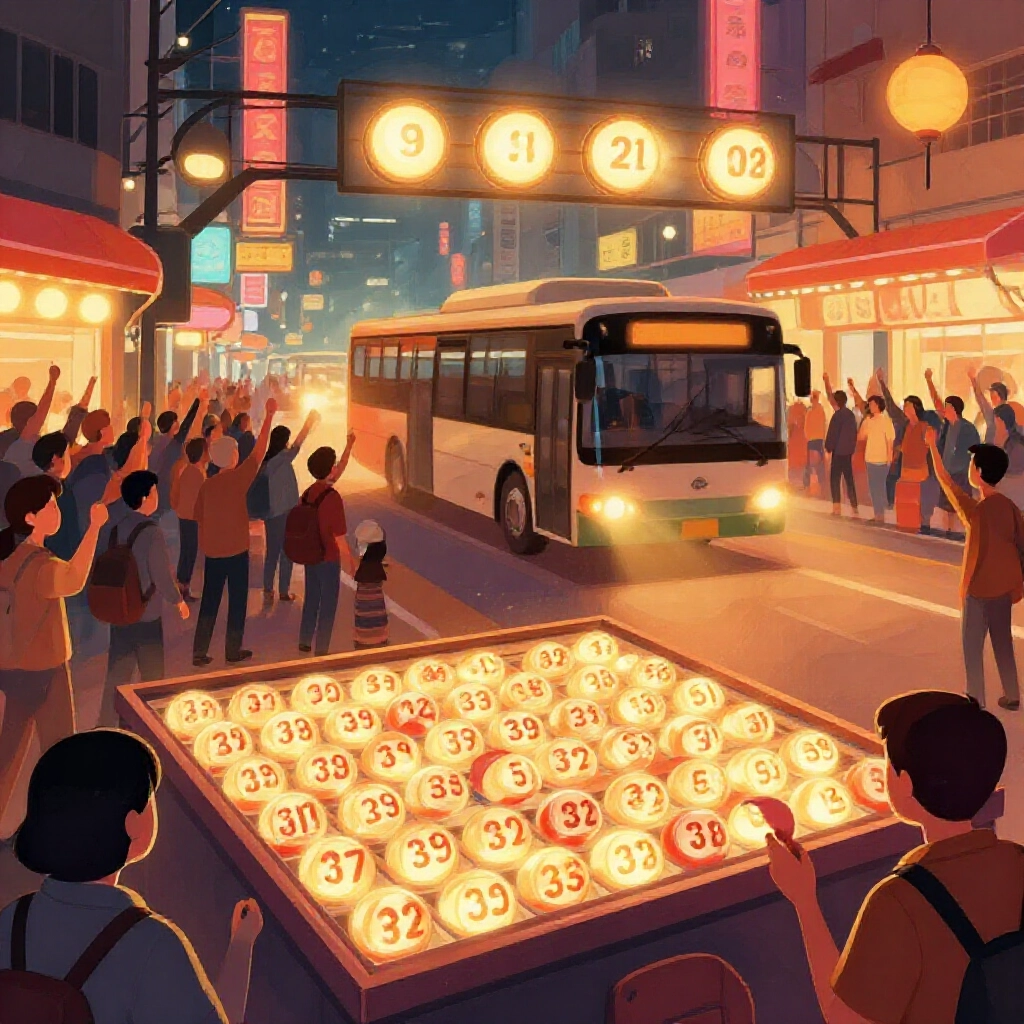台灣夜市熱鬧中，玩家從39球挑一發光號碼，公車衝向站台，五燈亮起人群歡呼，霓虹氛圍溫暖
