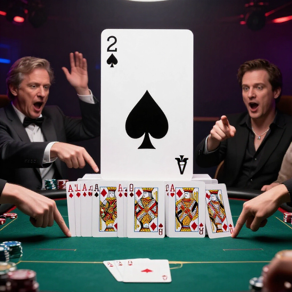 Taiwanese poker table with spade 2 as largest card towering over ace king queen jacks in dramatic lighting excited players pointing at card hierarchy