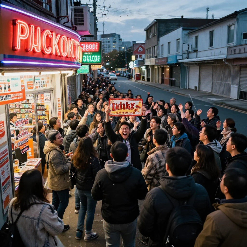 bustling urban lottery store celebrating jackpot win with excited crowd neon signs and confetti contrasting empty rural shops in background under evening city lights