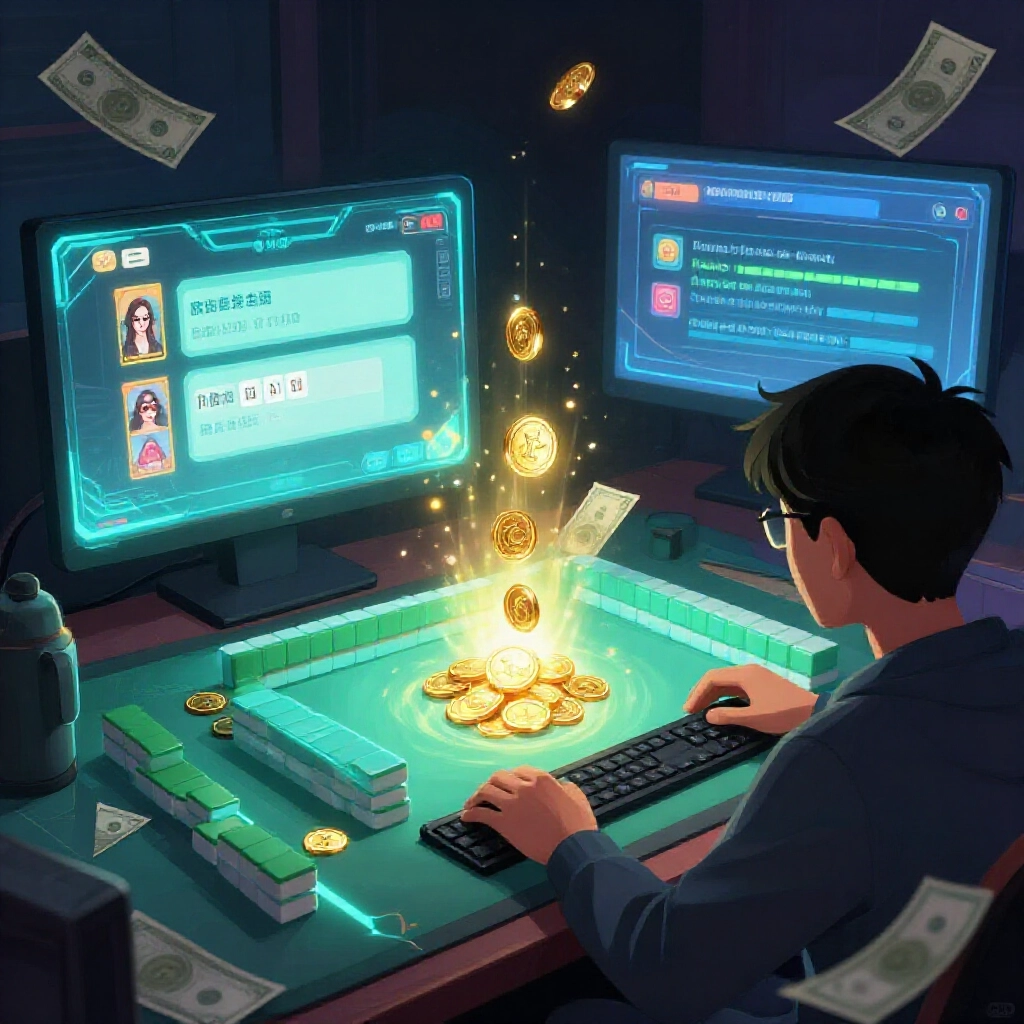 玩家在昏暗房間的電腦前操作,螢幕發光顯示麻將遊戲中閃亮i幣轉移到另一帳號,伴隨台幣鈔票浮現,充滿遊戲興奮氛圍的數位藝術畫作