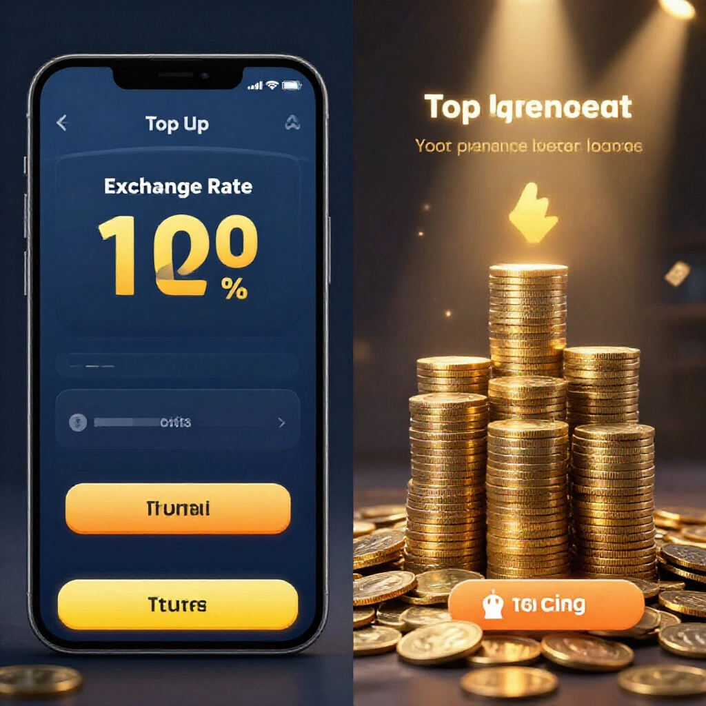 Side by side comparison of official game top up screen showing poor exchange rate versus merchant offer with superior ratio excited player opting for coin dealer better value piles of coins towering higher dramatic spotlights on rates