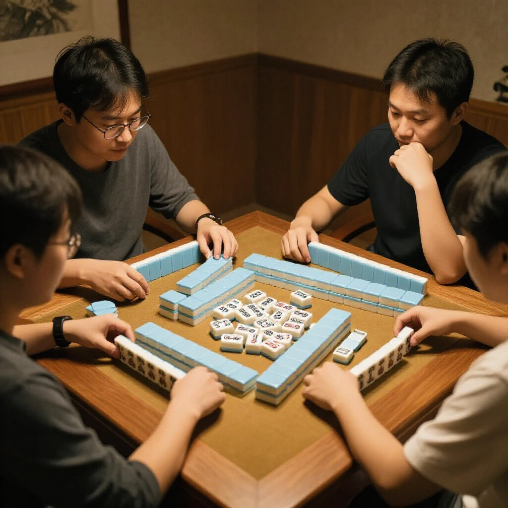 三位玩家圍著木桌玩三人麻將,專注表情加上散落的萬子,氣氛熱絡