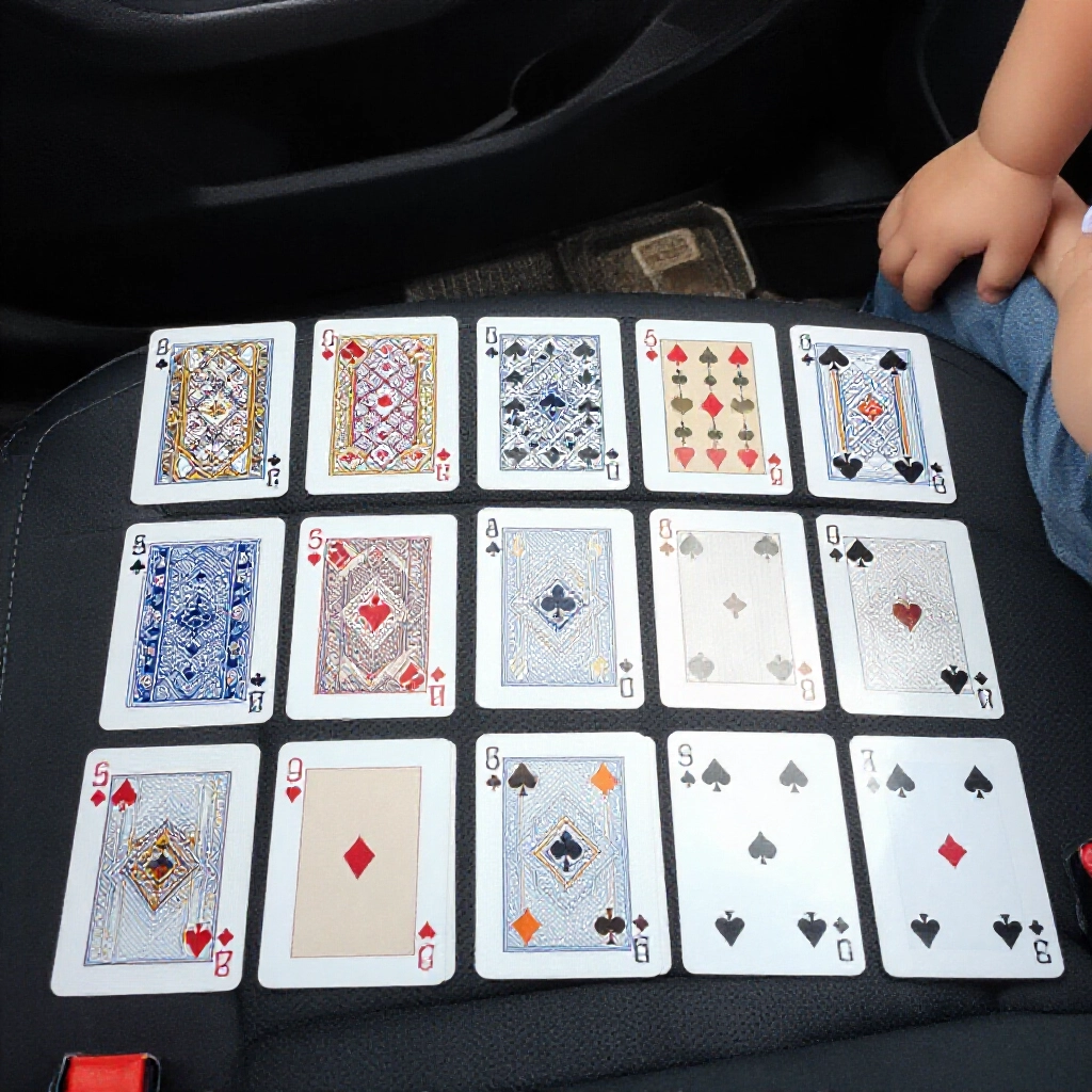 versatile poker cards laid out flat on a car seat during a family road trip with toddler flipping matching number pairs under soft dashboard light building memory and color recognition skills