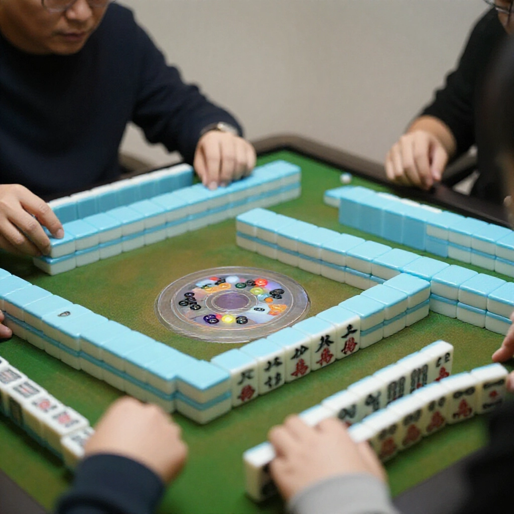 Player at mahjong desk drawing eighth tile precisely counting personal turns strict no eat pong kong rule enforcement tense focused expressions