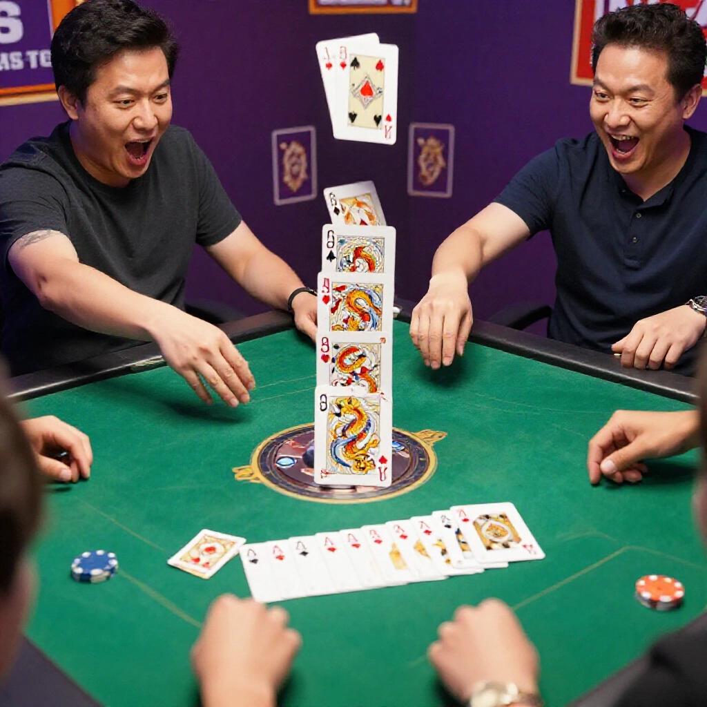 大老二激烈場面,一玩家甩出一條龍壓垮對手四條 2,牌飛桌興奮表情五顏六色撲克牌