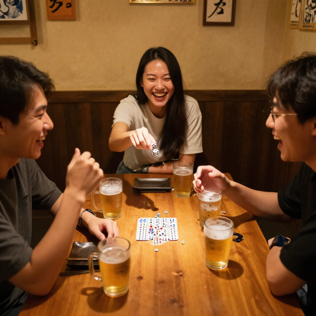 Three young adults in a cozy Taiwanese izakaya laughing and cheering while playing a fast-paced drinking game with dice shaker public cup and beer glasses on wooden table dim ambient lighting excited expressions high energy atmosphere