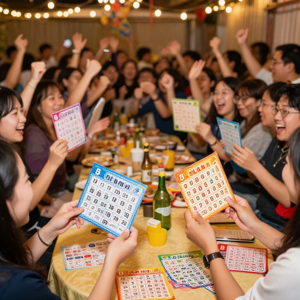 台灣尾牙賓果派對熱鬧場面，大家興奮圍桌玩5x5卡片標記數字